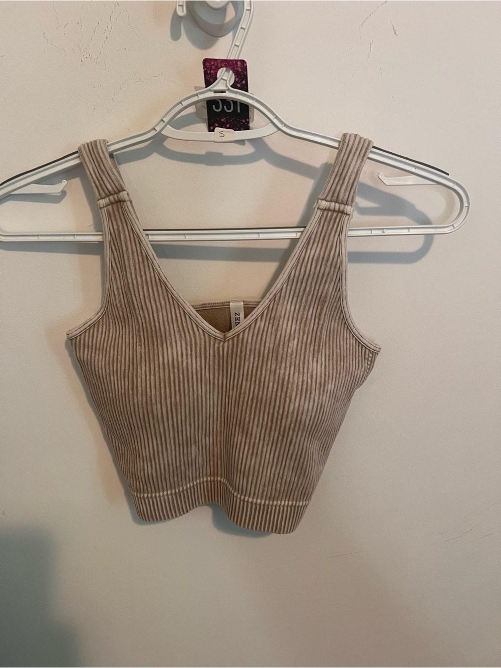 Zenana Outfitters Ribbed V-Neck Crop Top - Beige Tan
